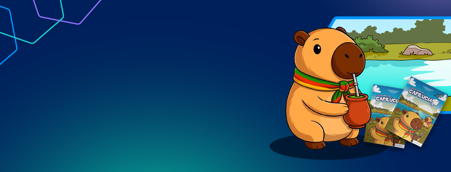 Ilustrao de uma capivara com leno verde, vermelho e amarelo e de revistinhas de histrias.