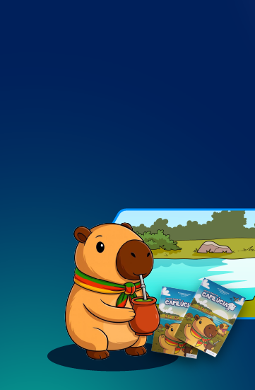 Ilustrao de uma capivara com leno verde, vermelho e amarelo e de revistinhas de histrias.